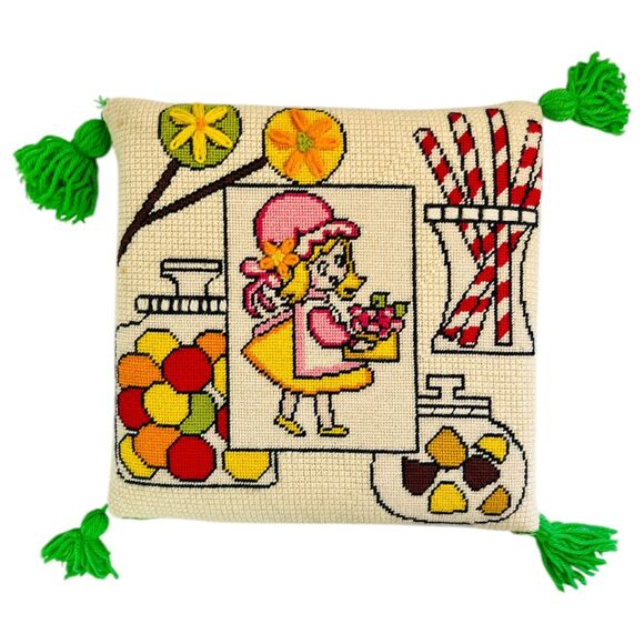 Vintage Needlepoint Throw Pillow Candy Jars Girl Tassels Sweets Kitschy 12" READ - Picture 1 of 16
